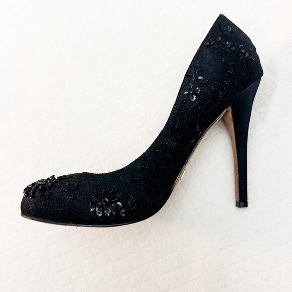 Badgley Mischka Black Satin Round Toe Beaded Pump Heel Size 6.5 - Picture 5 of 7